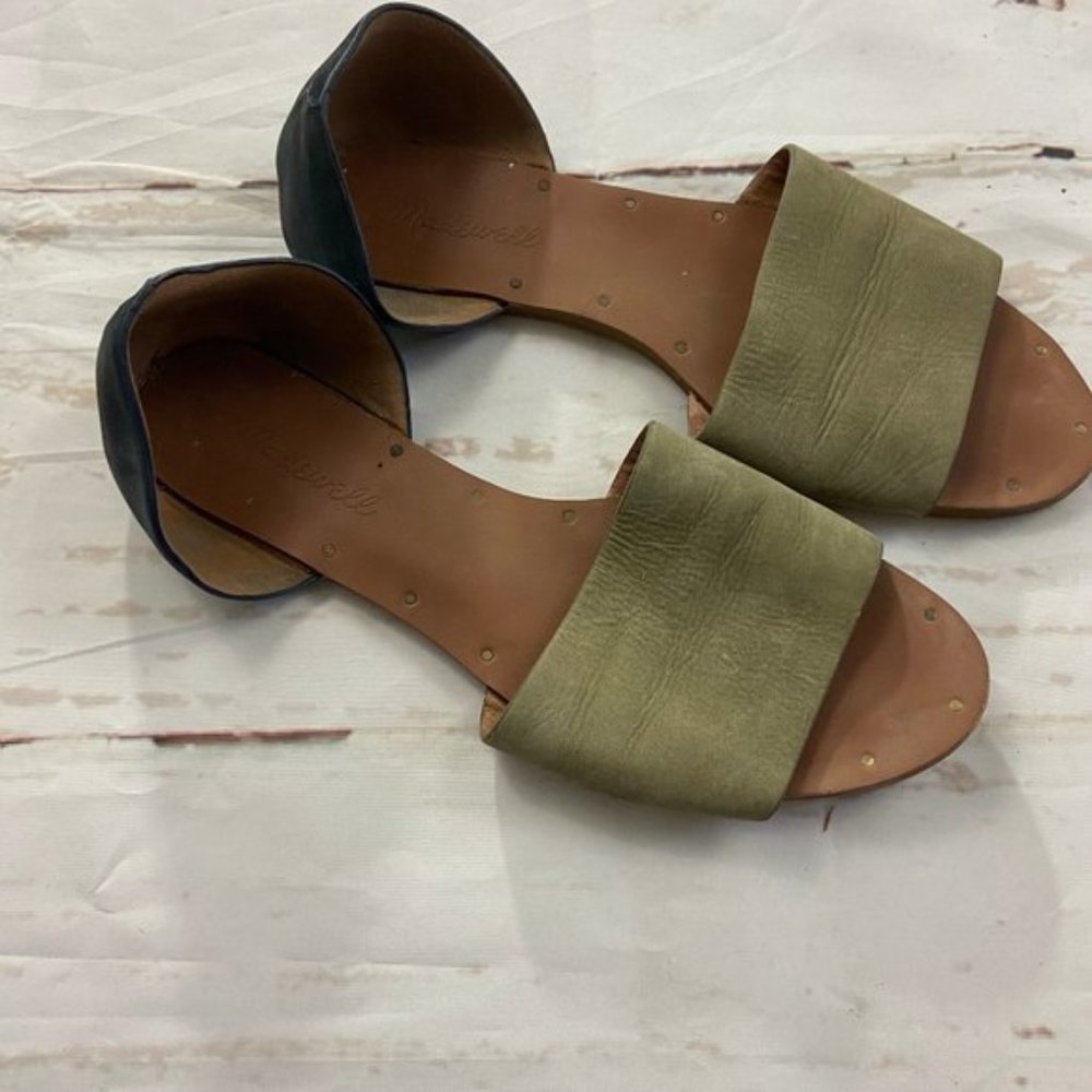Madewell Open toe leather flat sandals green black